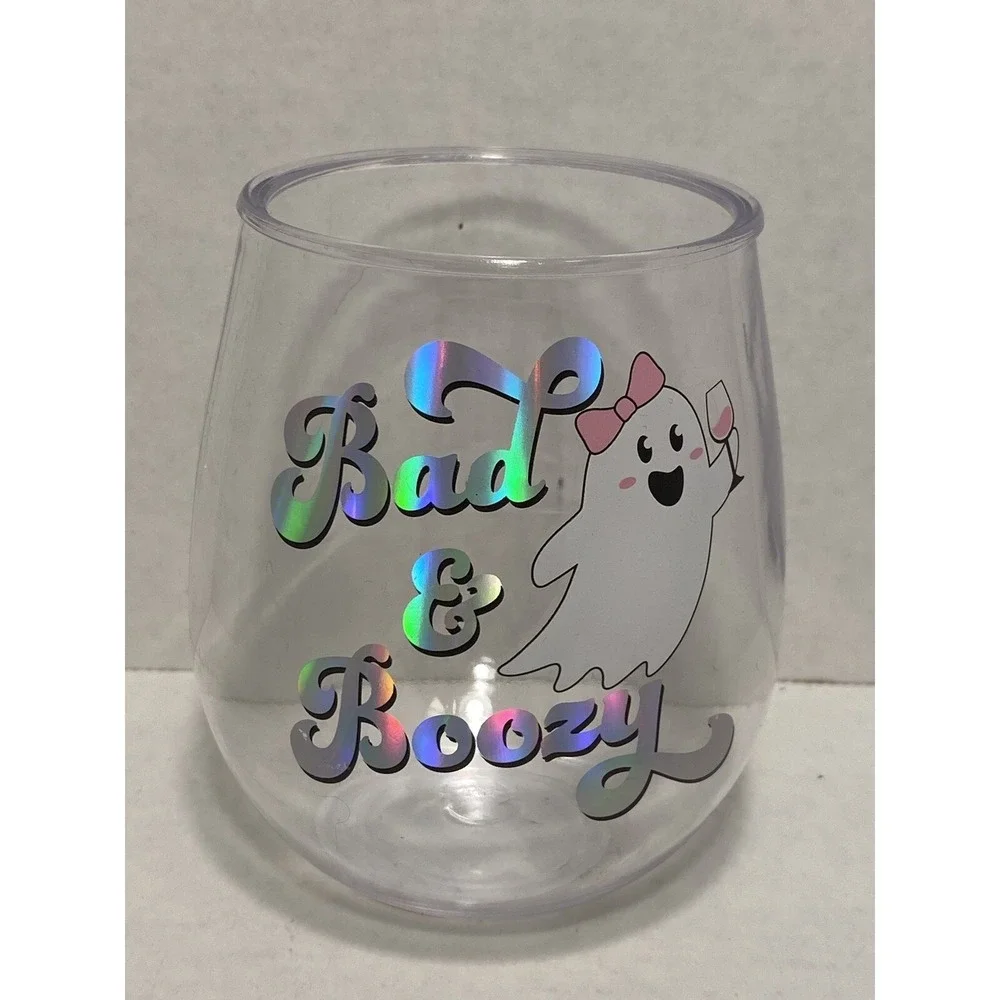 HALLOWEEN‎ stemless plastic wine glass BAD & BOOZY lot of 2